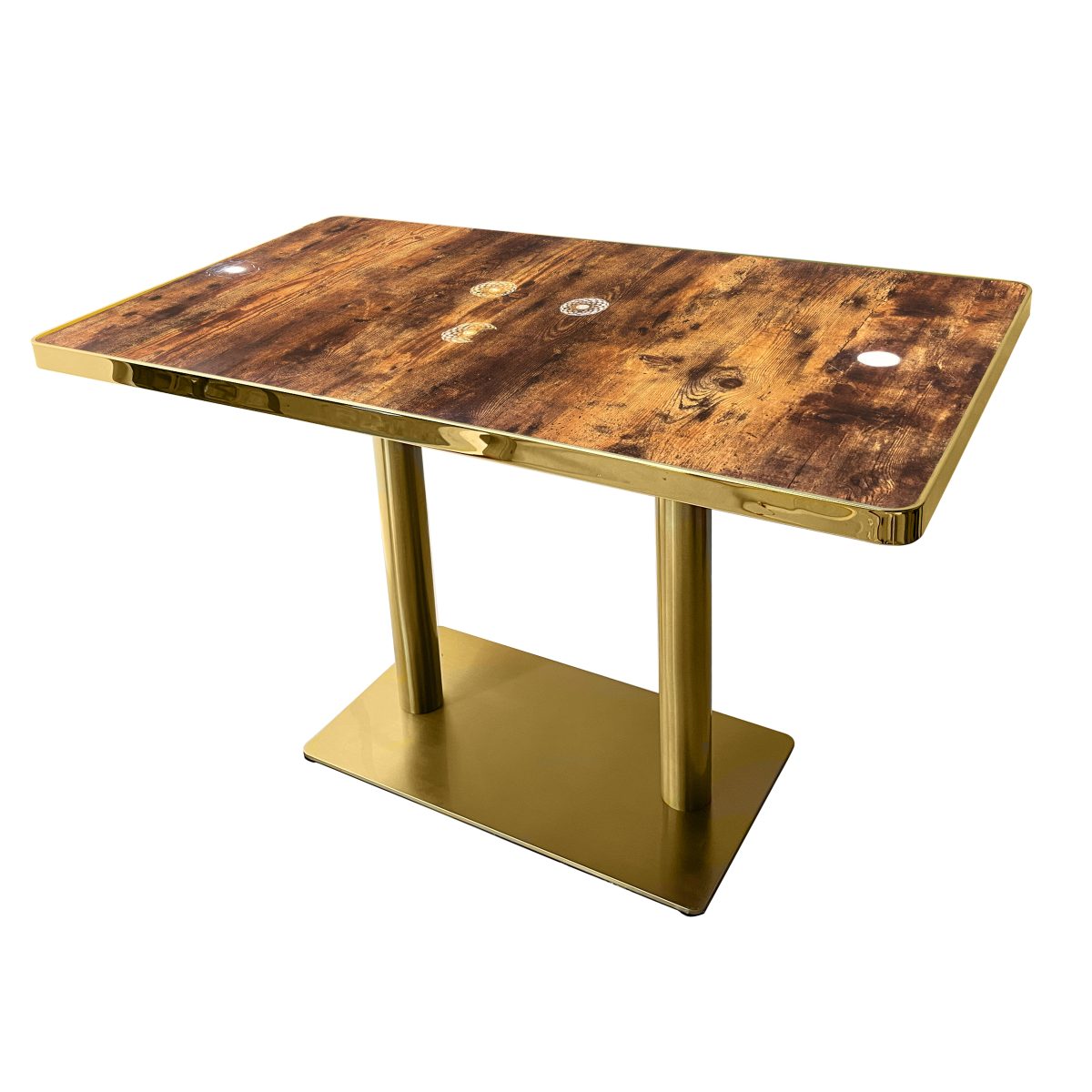 Dark Old Oak Tabletop With Gold Cast Iron Legs